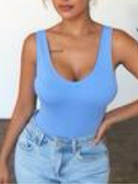 OOTDFash Women's Light Blue Scoop Neck Bodysuit